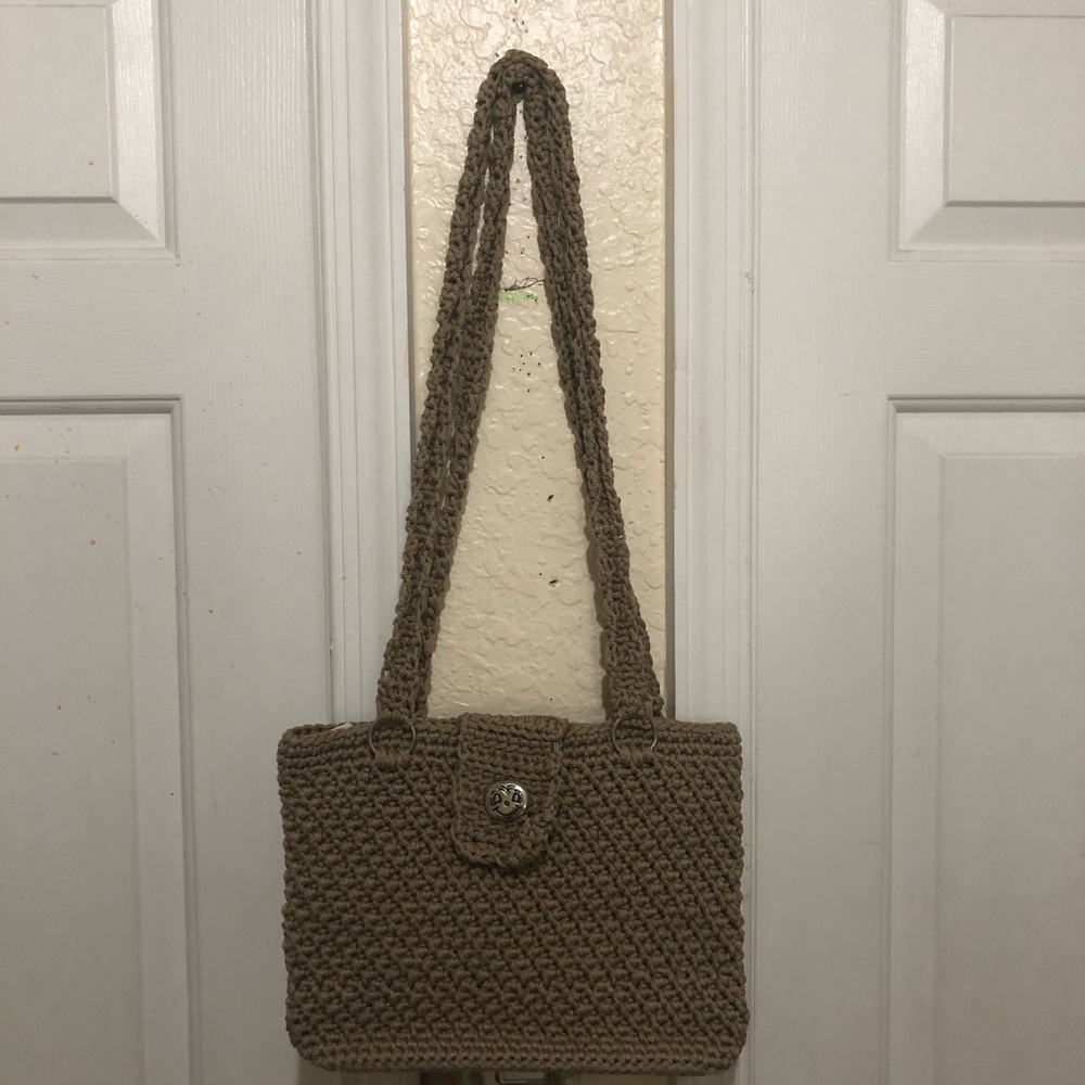 Knit Crossbody/Shoulder Tan Magnet Button Handbag - Picture 2 of 8